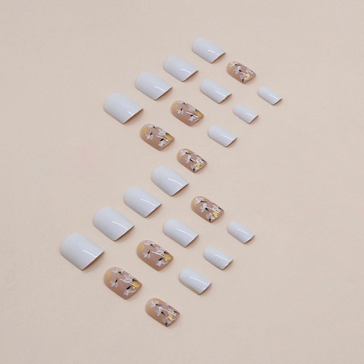 NEWSPIED Press on Nails Short Square Glue on Nails with Glitter Gold Foil Floral Designs Nude White Fake Nails Full Cover Artificial Acrylic Nails Extra Short False Nails for Women Girls 24 Pcs - Image 6