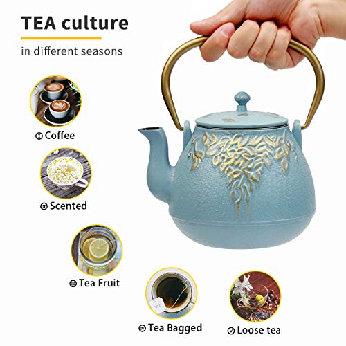 Tea Kettle, TOPTIER Japanese Cast Iron Tea Kettle with Infuser, Stovetop Safe Cast Iron Tea Kettle, Leaf Design Cast Iron Tea Pot Coated with Enameled Interior for 22 oz (650 ml), Turquoise Blue - Thumbnail 6