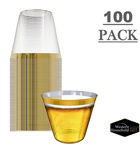 Clear Plastic Cups with Gold Rim ~ 100 Pack ~ Disposable Cups, Ideal for Weddings, Parties and Outdoor Events - 9oz Old Fashion Fancy Tumblers - Elegant Party Cup | by WesternHousehold