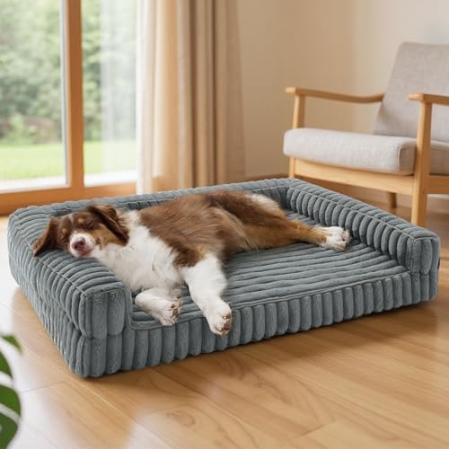 Bedsure Large Orthopedic Dog Bed – 89 x 64 x 18 cm Sofa Dog Beds with Memory Foam and Edges, Waterproof, Non-Slip Base, Removable and Washable Corduroy Cover, Grey