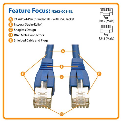 Tripp Lite Augmented Cat6 Cat6a Shielded STP Snagless 10G Patch Cable RJ45 M/M Blue 1ft 1' (N262-001-BL)