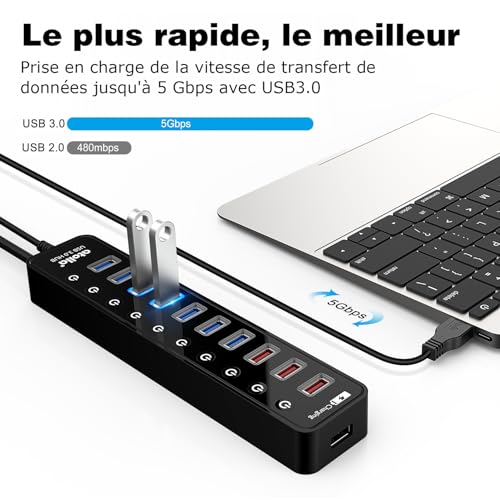 USB 3.0 Multi-Socket Hub, Atolla 11 Ports USB Powered Hub, AVCE 7 Ports Data Transfer 5Gbps, 4 Ports Smart Charge and Individual Switches and LED Power Supply, 12V/4A Adapter