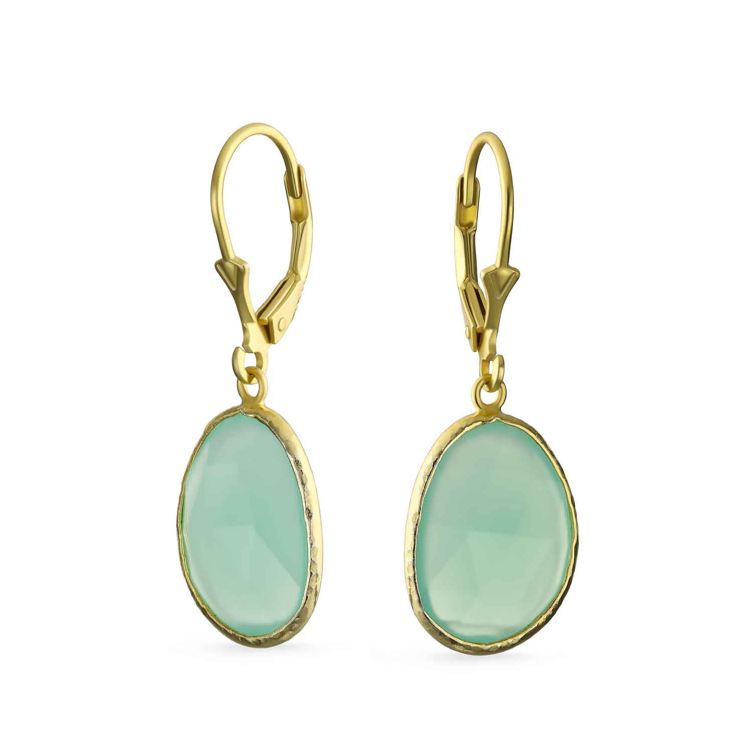 Elegant Oval Faceted Pastel Stone Dangle Bezel Set: Lever Back Earrings Mint Green Simulated Chalcedony 14K Gold-Plated .925 Sterling Silver