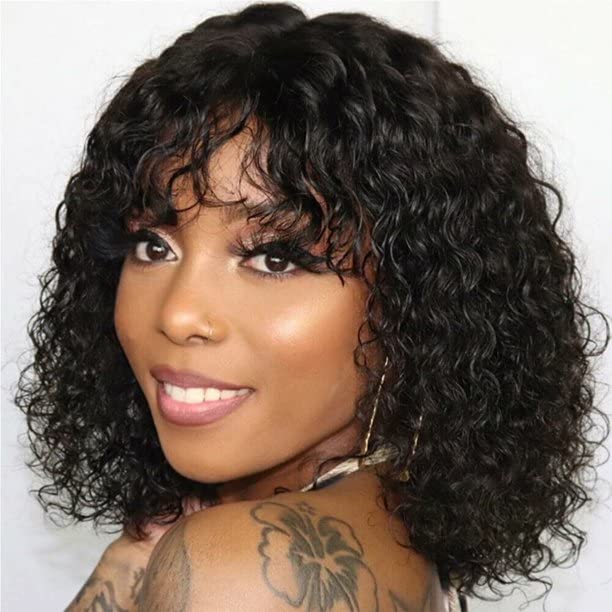 Fashion Idol Short Curly Bob Human Hair Wigs with Bangs Jerry Curl Brazilian Virgin Human Hair None Lace Front Wigs for Women Machine Made Black 10Inch