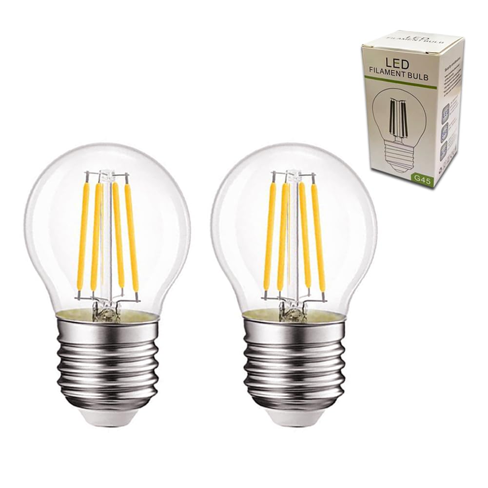 Xnordcaper G45 E27 Dimmable Golf Ball LED Light Bulbs, 4W Energy Saving G45 Mini Globe LED Filament Light Bulb Clear Glass 2700K Warm White E27 SES Edison Screw Bulbs, 40W Equivalent, Pack of 2