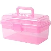 BangQiao Multipurpose Plastic Storage Container Organizer Box Case with Removable Tray and Handle for Art, Craft, Sewing Supplies, Clear&Pink
