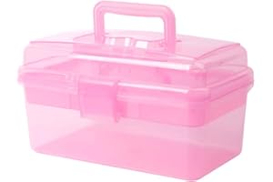 BangQiao Multipurpose Plastic Storage Container Organizer Box Case with Removable Tray and Handle for Art, Craft, Sewing Supplies, Clear&Pink