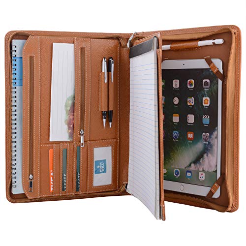 Brown Leather Portfolio with Notepad Space for 9.7-inch iPad, Padfolio Case Business Zippered Organizer Document Folder with Letter Size Notepad Holder - Thumbnail 6