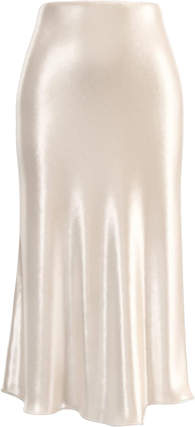 Photo 1 of Soowalaoo Womens Beige Skirt Midi Long Length Silk Satin High Waisted Elastic Casual Solid Color Skirts S
