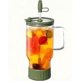 HY3 32 oz Plastic-free Borosilicate Glass Tumbler with Stainless Steel Straw and Tempered Glass Lid, Reusable Coffee Cup with Handle, Large Glass Travel Mug (Vibrant Forest)