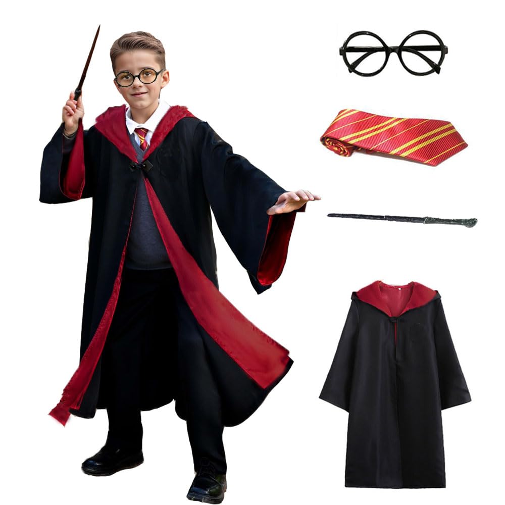 VNNOPG Wizard Costume Black Cape Magic Cloak Wizard Robe Magician Costume Cosplay with Magic Wand Glasses Tie Necklace Scarf,145
