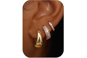 LOLIAS Small 14K Gold Plated Chunky Hoop Earrings for Women Hypoallergenic Silver Earrings Set for Sensitive Ears Non Tarnish Huggie Hoops Earring Stacks for Multiple Piercing Jewelry Lightweight 3Pairs