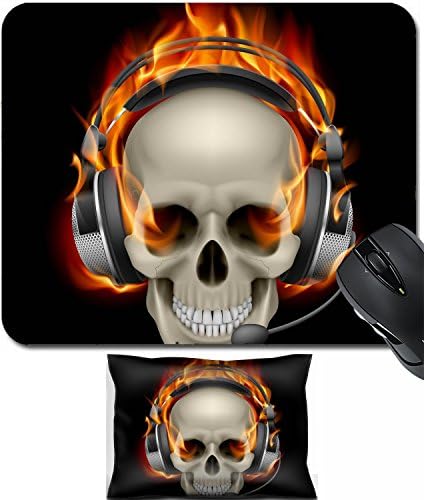 MSD Mouse Wrist Rest and Small Mousepad Set, 2pc Wrist Support design: 13444537 Flaming Skull with headphones Illustration on black background
