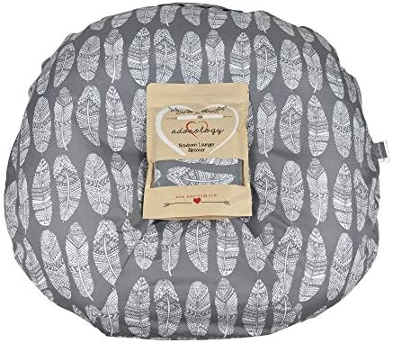 Newborn Lounger Slipcover, Gray White Feather Design, Water Resistant Infant Pillow Cover, Great for Any Mom to Be