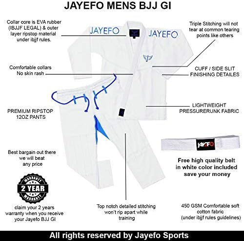 Jayefo Mens Bjj Gi Brazilian Jiu Jitsu Preshrunk Lightweight Pearl Weave Fabric Ibjjf Legal Free White Belt 2 Years Warranty A1 Amazon Ae Sporting Goods