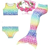 GALLDEALS 3pcs Swimmable Mermaid Tail Kids Girls Princess Bikini Set Swimsuit Swimwear, 3-12Years