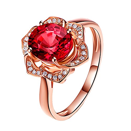 Haluoo Flower Ring, Natural Red Tourmaline Female Ring Crystal Diamond Floral Promise Ring Rose Gold Engagement Ring for Women Jewelry Accessories (6, Rose Gold)