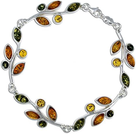 Silver Amber Bracelet, Multicolor, Baltic Amber-Leaves of Amber Bracelet