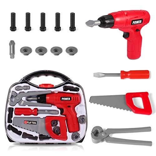 Durable Kids Tool Set, Cakie Kids Pretend Play Toy Tools Set with Electronic Cordless Drill and 16 Pretend Play Construction Accessories with a Sturdy Case