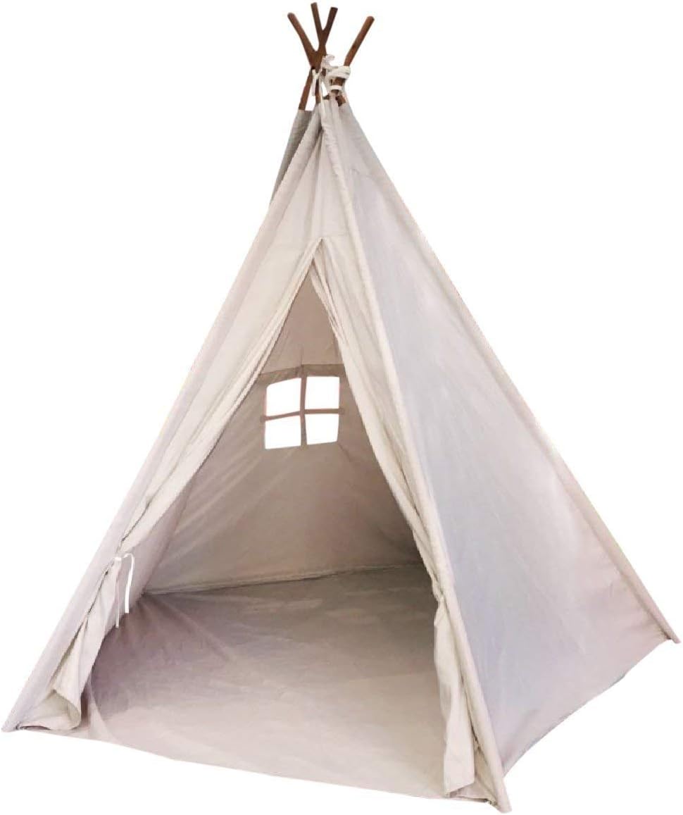 ABULU 5 Poles Design 6' Large Canvas Teepee Play Tent Indian Play Tent Childrens, Play House for Kids Outdoor and Indoor Play with Carry Case(White)