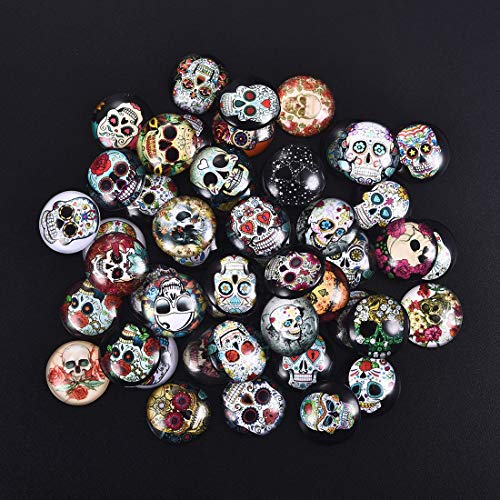 LANBEIDE 50PCS 20mm Mixed Color Mosaic Skull Printed Glass Half Round/Flat Back Dome Cabochons for Jewelry Making Bracelet Pendant Necklace Cufflinks Rings