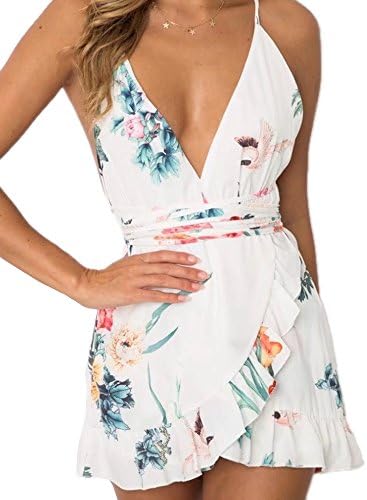 YiKeZhiXiu Women's Summer Floral Print Deep V Neck Backless Spaghetti Strap Mini Beach Dress with Lining, White,Large