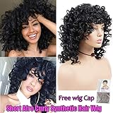 Short Afro Curly Synthetic Hair Wigs for Black Women Phoenixfly African Natural Black Loose Curly Fluffy Shoulder Length Natural Looking Hair Wigs Heat Resistant Hair Replacement Wigs with Wig Caps