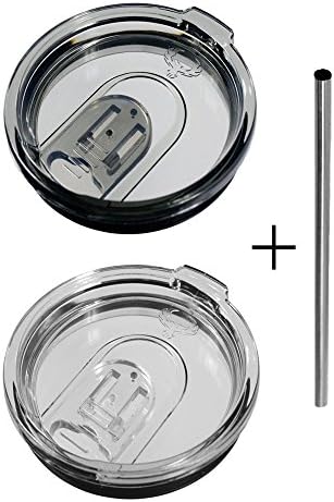 2 Yeti Replacement Lids with Spill Resistant Sliding Cover + Free Stainless Steel Straw | Compatible with 30oz Tumblers (Lid Colors:Smoke&amp;Clear)