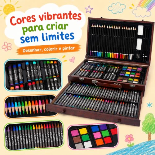 GODREAM Kit de Arte 140 Peças para Pintura e Desenho Infantil, Maleta de Pintura Infantil, com Aquarela, Giz de Cera, Giz Pastel Oleoso e Lapis de cor, Presente para Menina e Menino 5 6 7 8 9 Anos