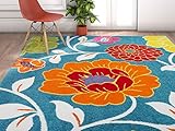 Well Woven Modern Rug Daisy Flowers Blue 5'X7' Floral Accent Area Rug Entry Way Bright Kids Room Kitchen Bedroom Carpet Bathroom Soft Durable Area Rug