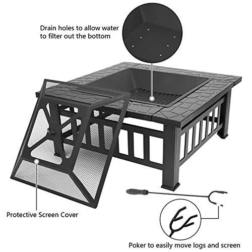 Lovinland Outdoor Fire Pit, Metal Patio Stove Square Table Fire Bowel Wood Burning Fireplace with Spark Screen,Poker,Grill