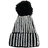 Lifenanny Womens Knitted Beanie Hat with Faux Fur Pompom, Winter Soft Warm Bling Rhinestone Ski Hat Skull Cap