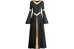 IMEKIS Women Metallic V Neck Praise Dance Dress Liturgical Worship Costume Bi Color Bell Long Sleeve Church Robe Praisewear