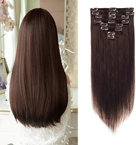 LFLIN Clip In Human Hair Extensions 100% Real Remy Dark Brown Full Head Long Soft Silky Straight 8pcs 18clips For Women Beauty.