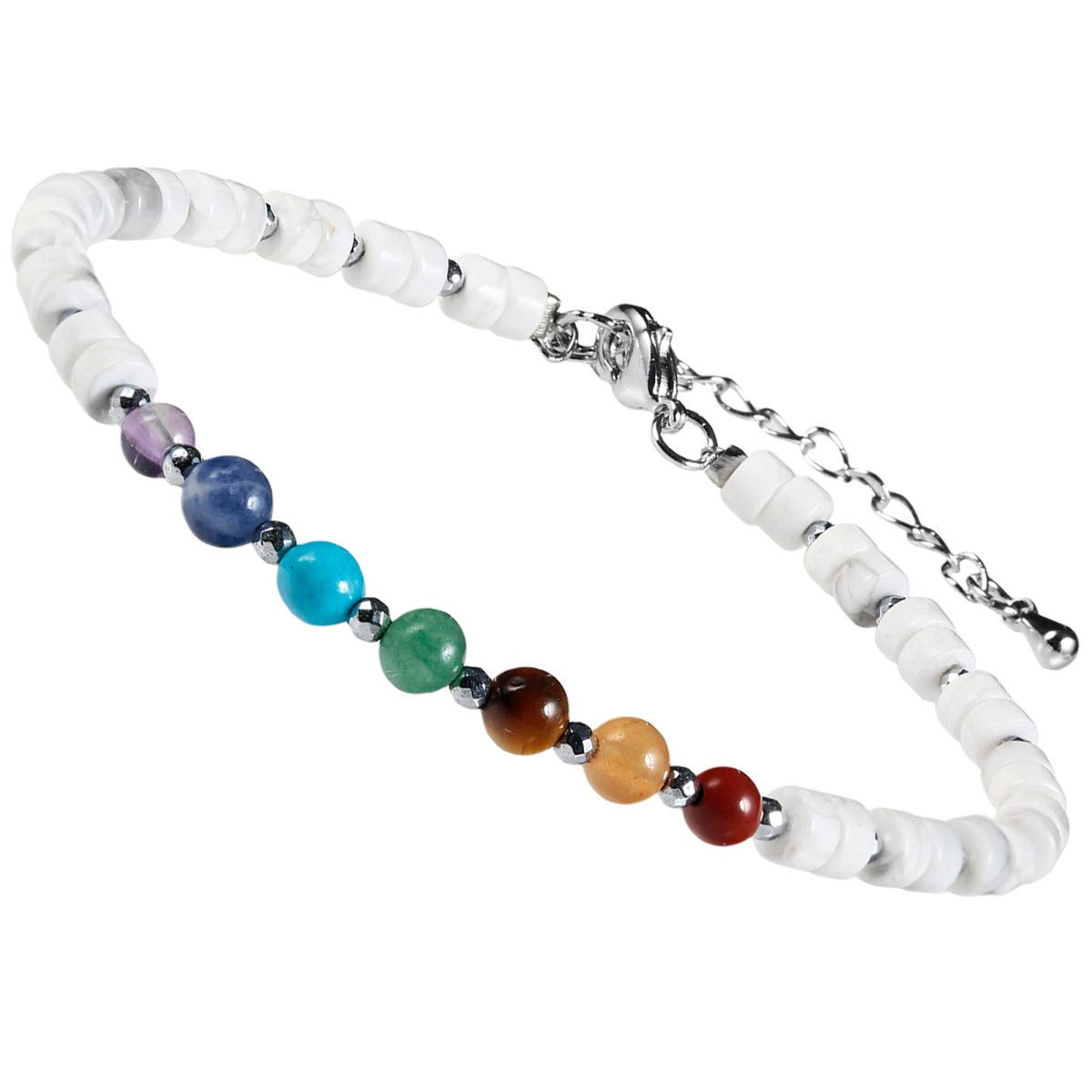mookaitedecor 7 Chakra Healing Crystal Stone Bracelet for Women Men, Colourful White Howlite Turquoise Flat Beads Bracelet Semi Precious Gemstone Stone Jewellery Adjustable Yoga Reiki Link Bangle โ image 1