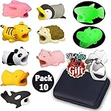 Animal Buddies Phone Cord Bites, Cute Animals Bite Cable Protector for IPhone, Cell Phone Accessories & Bites Data Line (10 Pieces with 2 Glowing Style) Bonus: Mobile Storage Box & Cell Phone Holder