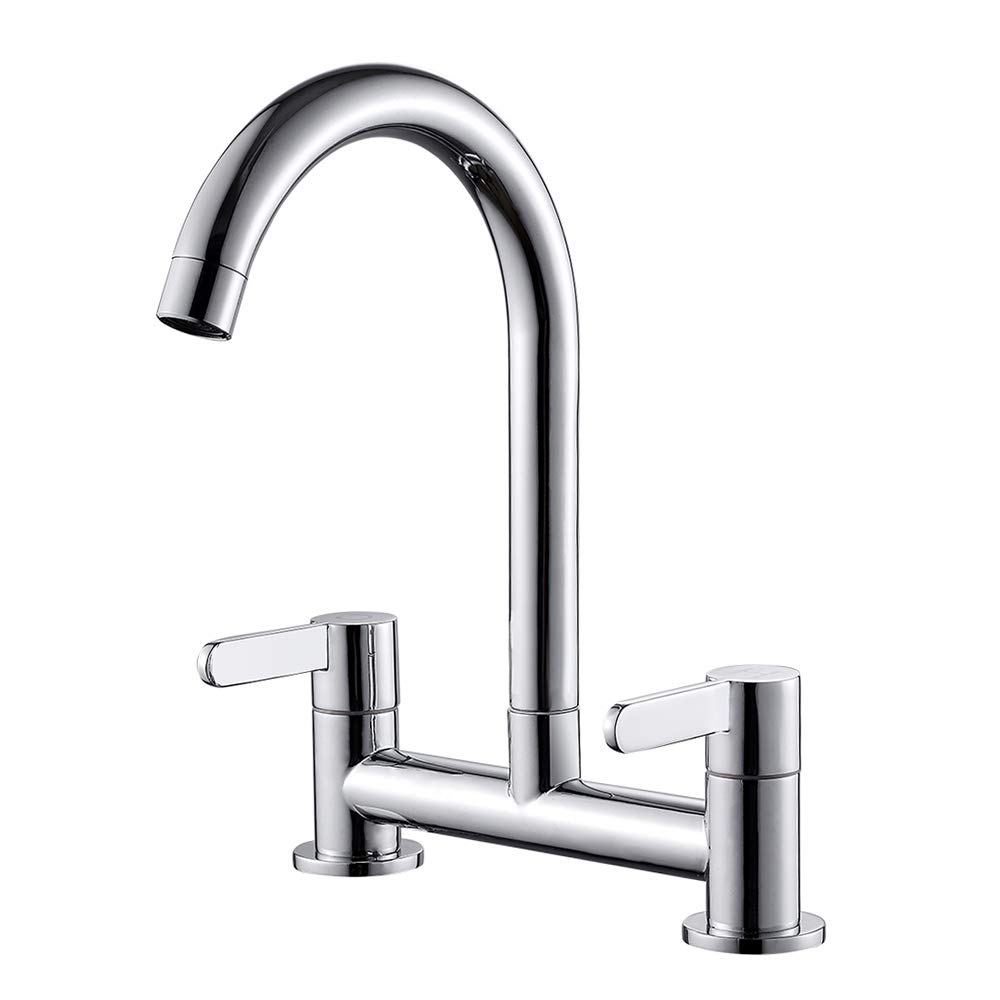 Kitchen Sink Mixer Taps, 2 Hole Kitchen Faucet 360° Swivel Spout Chrome Dual Lever Sink Taps 1/4 Turn Twin Levers, Deck Mounted Kitchens Taps Cold and Hot Water Mixer Tap