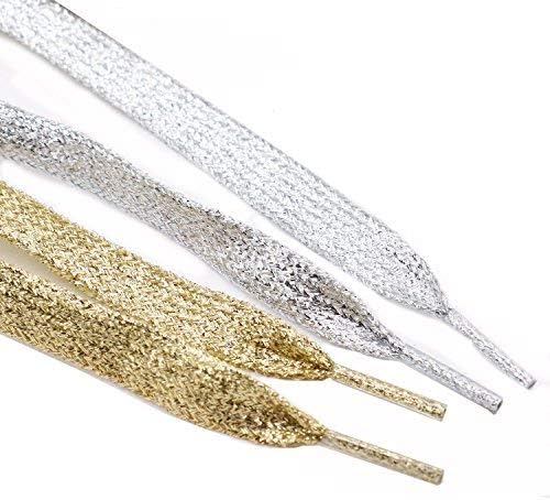 Rugjut 6 Pairs Gold & Silver Metallic Glitter Flat Shoelaces for Canvas Sneaker Athletic 45 inch