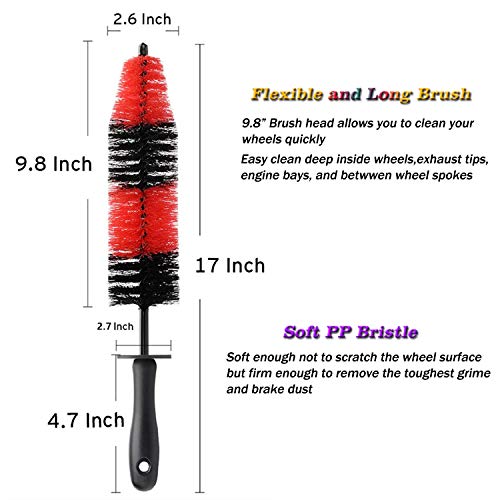 Fitosy Car Wheel Brush Set, Soft Bristle Long Wheel Rim Brush and 5 Different Sizes Detailing Brush Set Easy Reach Rim Tire Auto Detail Brush Car Washing Brush for Wheels Rims, Air Vents, Interior