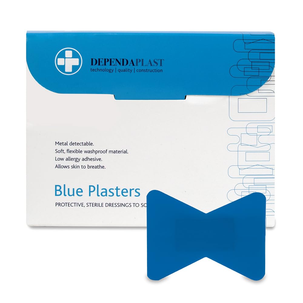 Dependaplast Food Area Blue Plasters with High Visibility and Metal Detection Properties, Easily Detectable, Individually Wrapped - Fingertip Box of 50