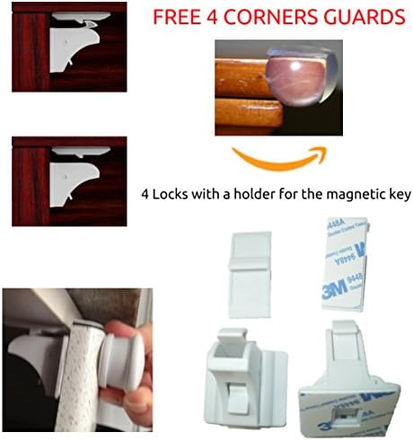 Baby Magnetic Cabinet Locks / Child Safety Drawer Locks / 1 Key & 4 Child proof Locks / Locking Liquor Cabinet no Drill / Keep Your Kitchen Safe / Bonus: 4 Childproofing Products Safe Corners.