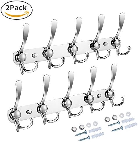 Wall Mount Coat Hooks [2 Pack] Coat Rack Hooks with 15 Hooks Stainless-steel Metal Coat Robe Hat Clothes Hanger Hooks For Bathroom Kitchen Office