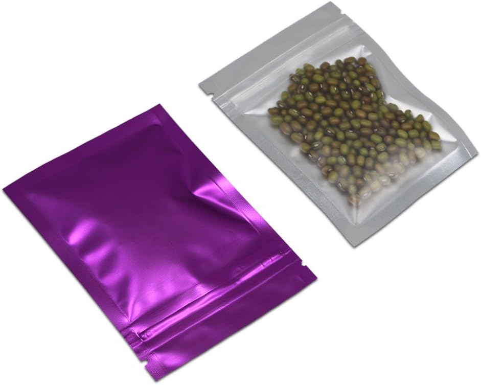 FERENLI 100 Pcs Mylar Zipper Lock Food Storage Bag Matte Aluminum Foil Airtight Bag with Front Window Plastic Packaging Pouch for Zip Flat Heat Seal Lock (10x15cm (3.9x5.9 inch), Purple)