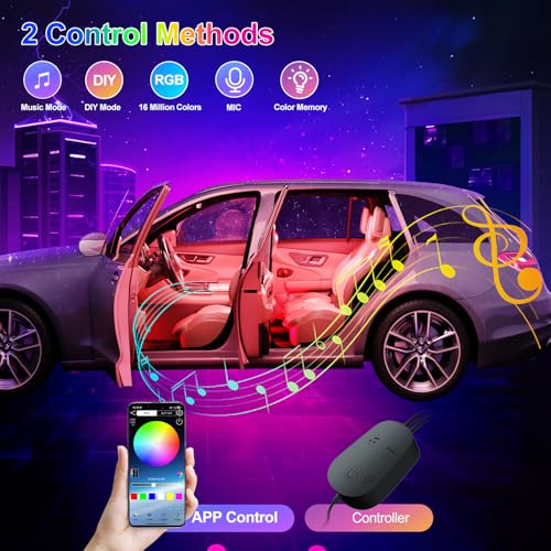 YiLaie LED Car Interior Lights, RGB Atmosphere Light with App Control and 16 Million Colors, USB Port, Music Mode, Color Memory, Car Accessories, Lighting Kit