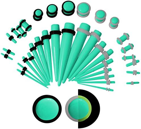 KingNQueen - 36 pc Set - Best Ear Stretching Tapers and Plugs Starter Kit - 00g to 14 gauges (1.6/2/2.5/3/4/5/6/8/10mm) - Stretch Earrings Men Jewelry (Green & EXTRA Glow in Dark O-Rings)