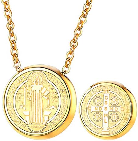 St. Benedict of Nursia Necklace, Gold Plated/Stainless Steel Saints Medal Pendant Christian Jewelry with 3MM Box Chain, Customize Available (Send Gift Box)