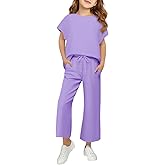 APWEQATA Girls Outfits Drop Sleeve Shirts & Drawstring Wide Leg Pants Sets Lightweight Kids Sweatsuits With Pockets Size 5-14