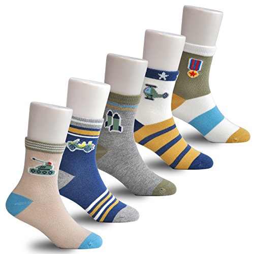 Epeius Little Kids Boys' 5 Pack Seamless Striped Crew Socks for 6-8 Years,Shoe Size 12-1,Rocket/Tank/Ragtop/Helicopter/Medal/Stripe Pattern