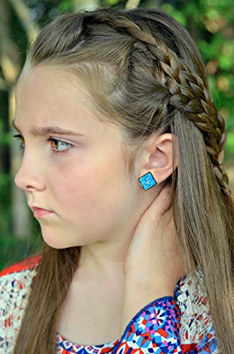 Blue Geometric Square Shaped Flat Faux Druzy Stud Earrings 12mm Statement Antiqued Gold-tone