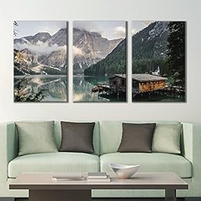 3 Panel Canvas Wall Art - Majestic Natural Landscape Triptych Canvas Series - Cabin on The Lake - Giclee Print Gallery Wrap Modern Home Art Ready to Hang - 16"x24" x 3 Panels